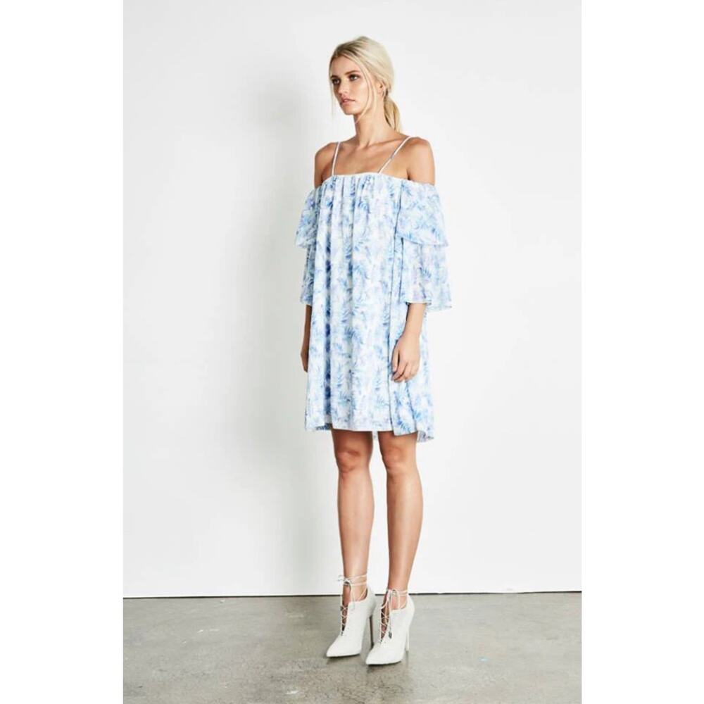 Elliatt Dynasty Mini Shift Dress Women's S Blue Palm Leaf Off-The-Shoulder NWT